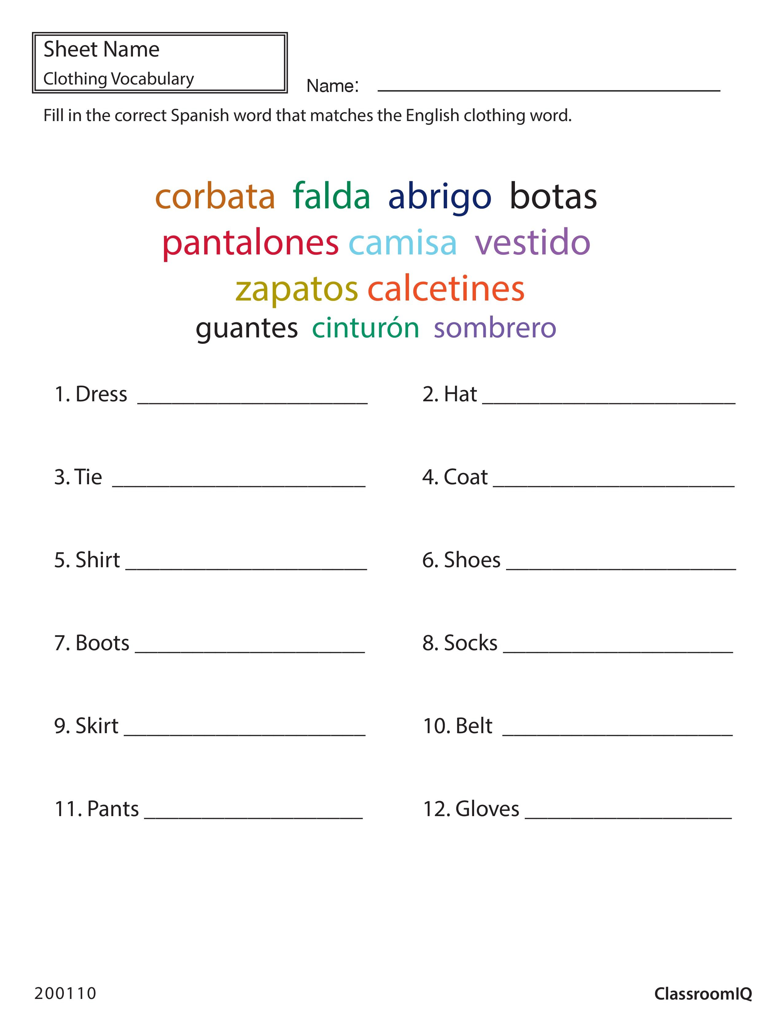 free printable spanish vocabulary lists